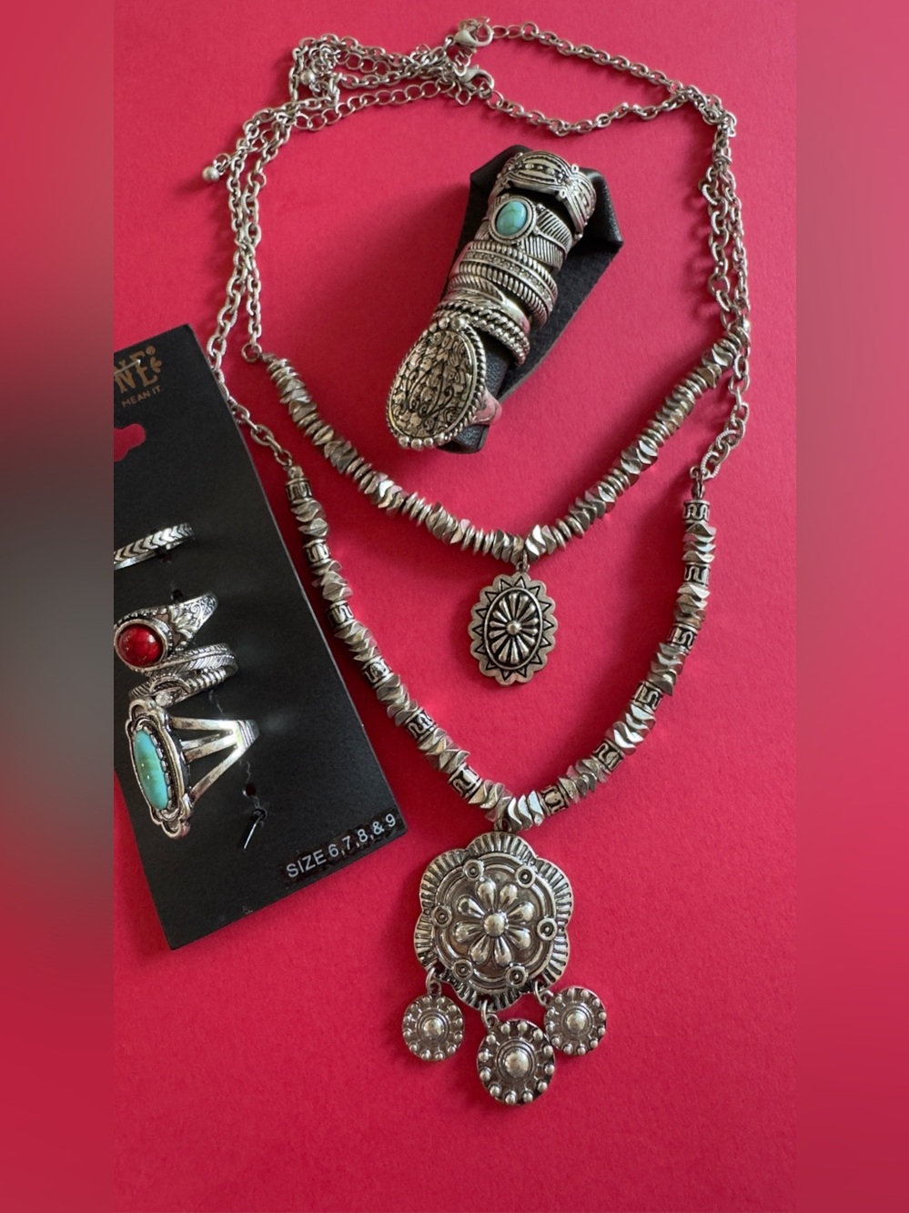 Shyanne Silver-Tone Layered Necklace Set with Turquoise and Red Accents